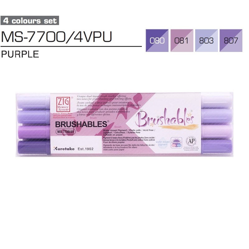 Kuretake ZIG Brushables Brush Marker Pen Set - 4 Colour Purple Set Kuretake ZIG Brushables Brush Marker Pen Set - 4 Colour Purple Set