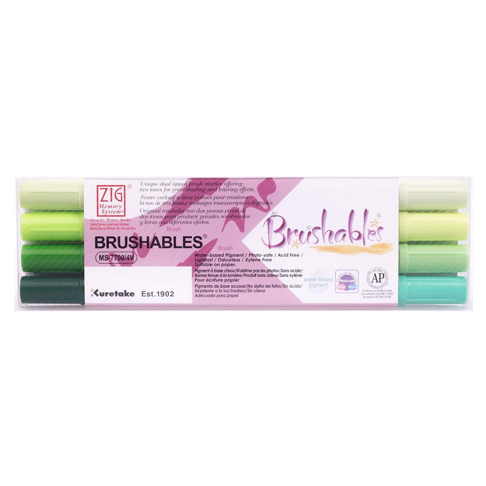 Kuretake ZIG Brushables Brush Marker Pen Set - 4 Colour Green Set Kuretake ZIG Brushables Brush Marker Pen Set - 4 Colour Green Set