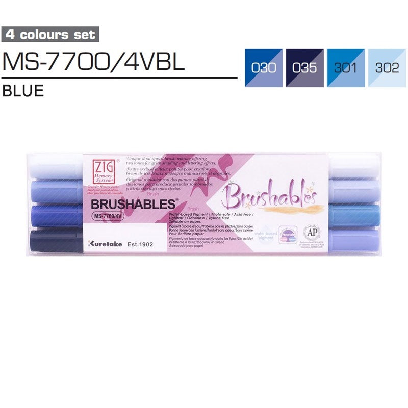 Kuretake ZIG Brushables Brush Marker Pen Set - 4 Colour Blue Set