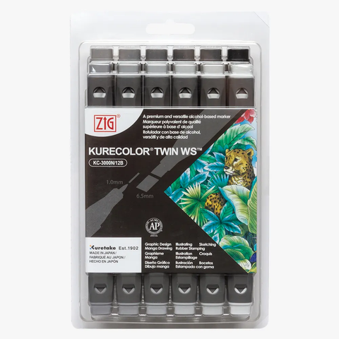 Kuretake ZIG Kurecolour Twin WS Marker Set - 12pk - Cool Gray Colours