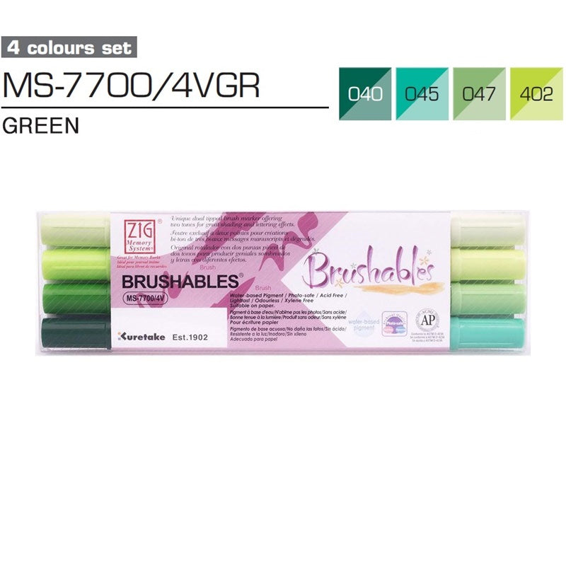 Kuretake ZIG Brushables Brush Marker Pen Set - 4 Colour Green Set