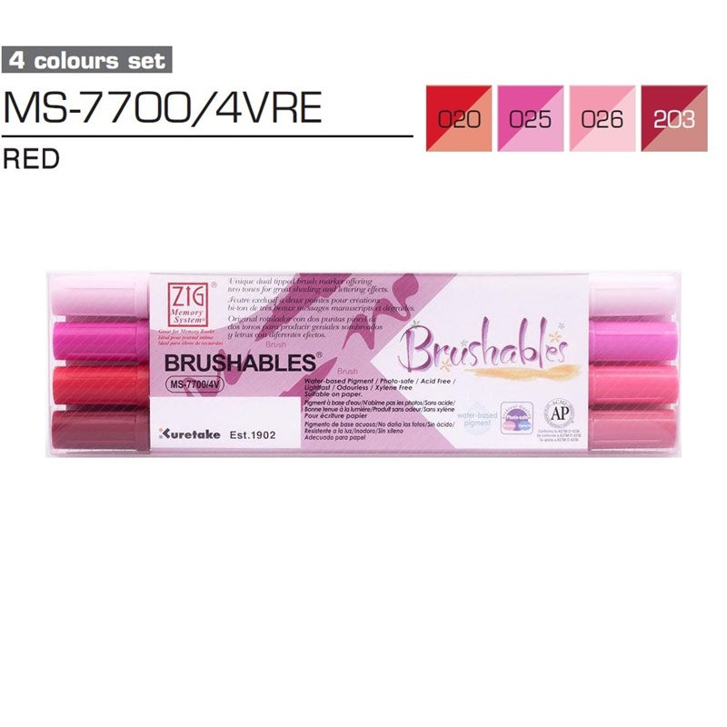 Kuretake ZIG Brushables Brush Marker Pen Set - 4 Colour Red Set