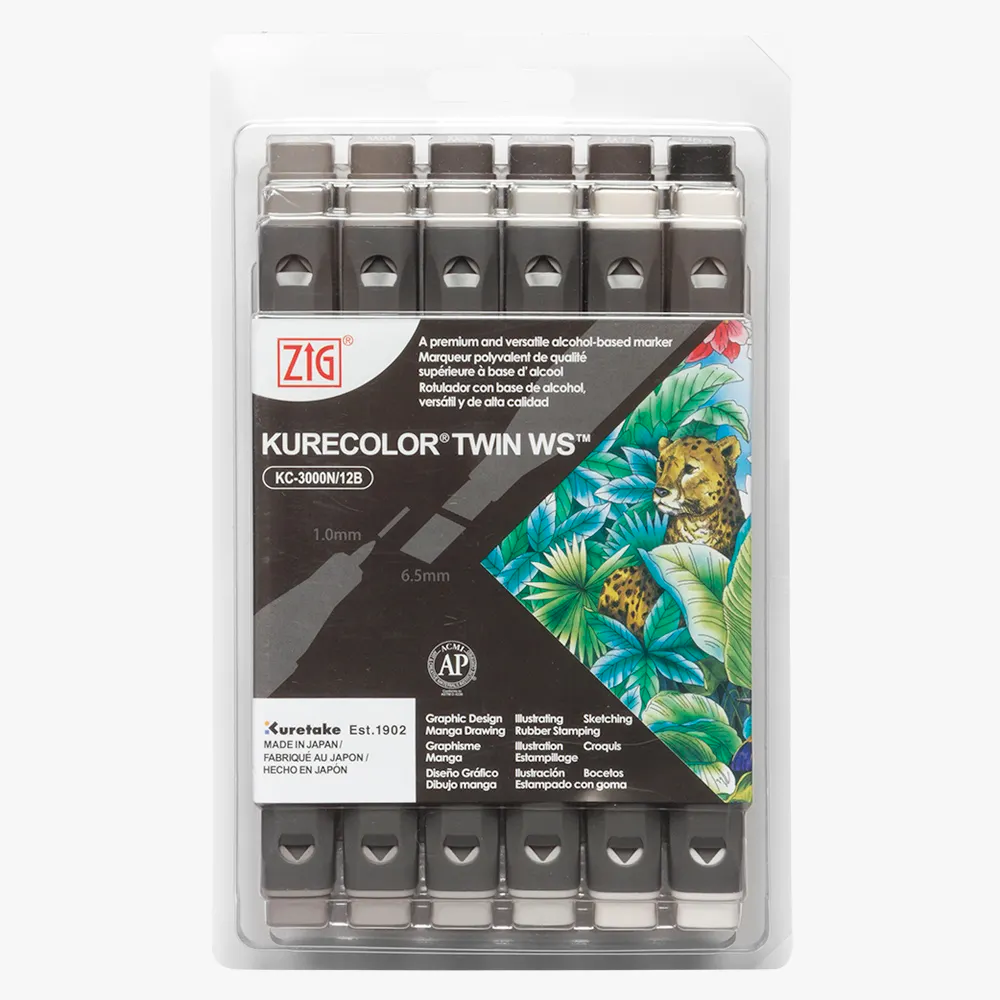 Kuretake ZIG Kurecolour Twin WS Marker Set - 12pk - Warm Gray Colours