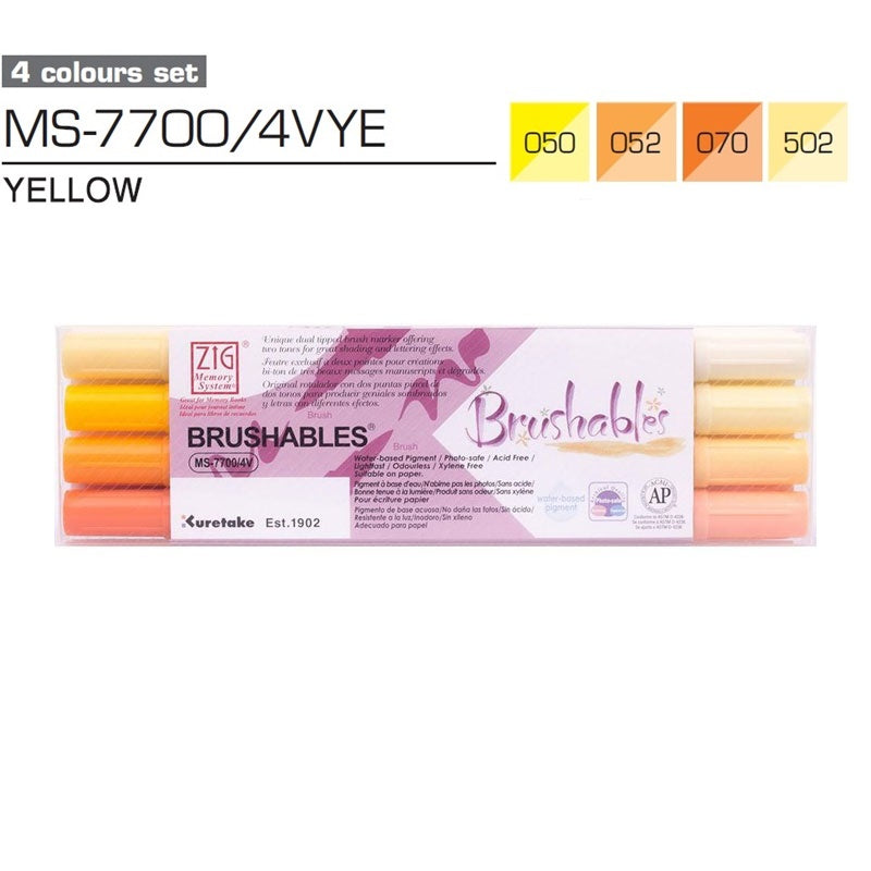 Kuretake ZIG Brushables Brush Marker Pen Set - 4 Colour Yellow Set