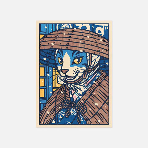 Cat Leaving A Restaurant in the Snow Postcard A6